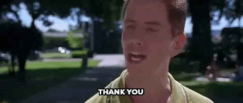 This is a giphy of Randy from 'Scream' saying "Thank you"